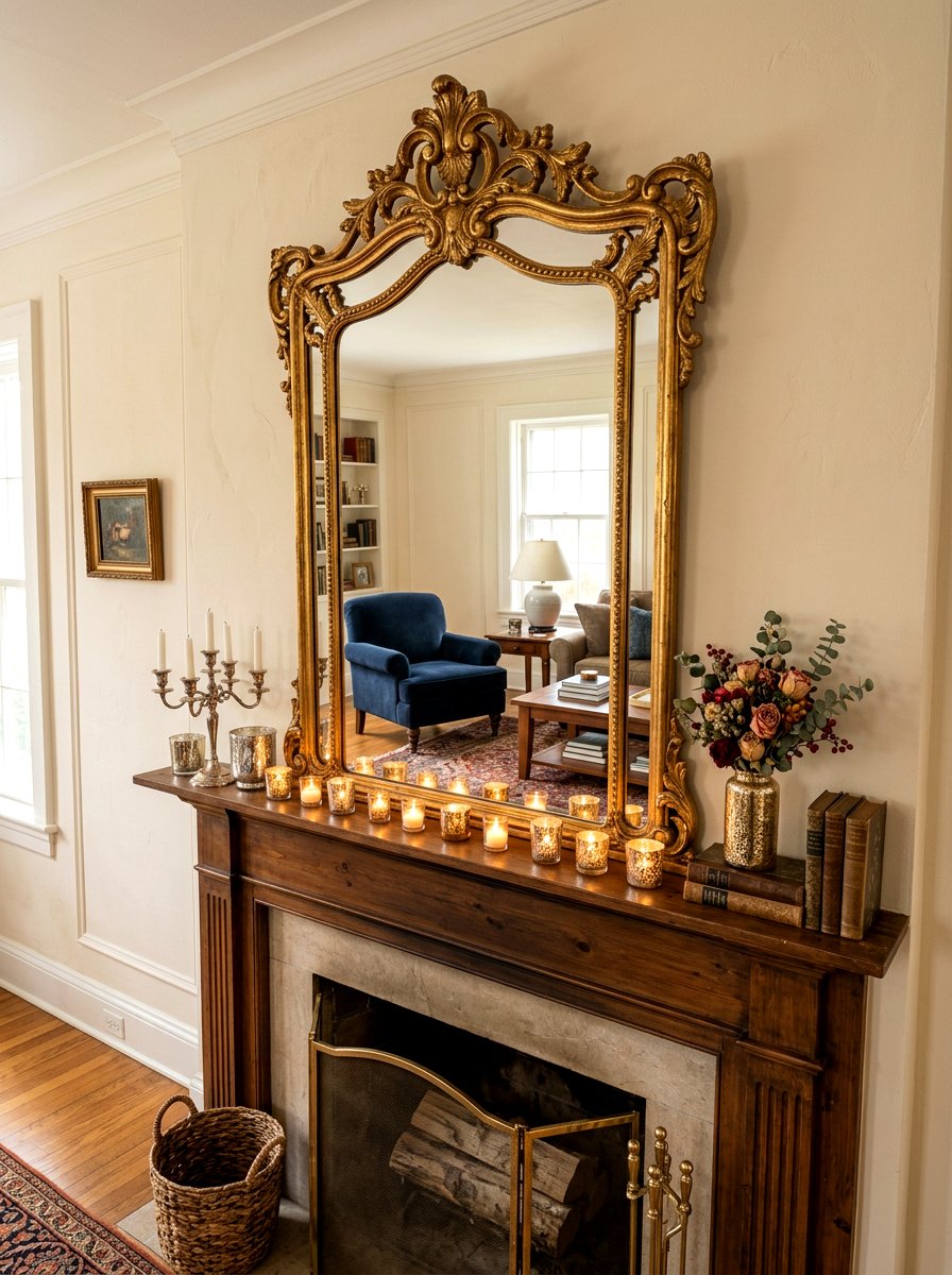 Vintage Mirror Mantel - 30 winter mantel decor ideas