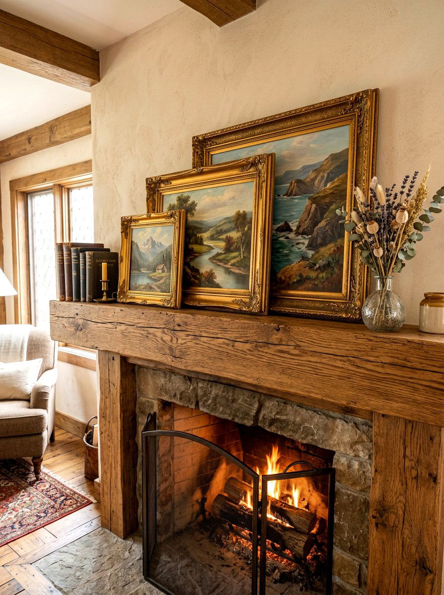 Vintage Painting Overlap - 30 fall mantel layering ideas