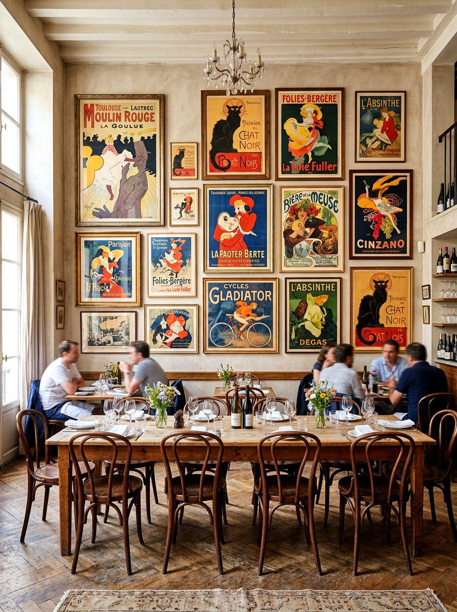 Vintage Parisian poster wall - 30 Paris cafe dining room ideas