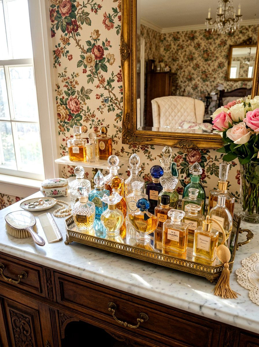 Vintage Perfume Display - 30 granny chic bathroom ideas