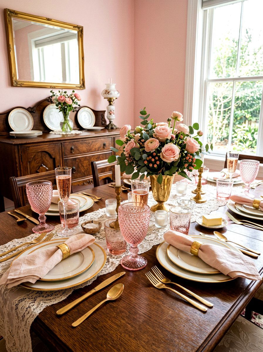 Vintage Pink Glassware - 30 Galentine table decor ideas