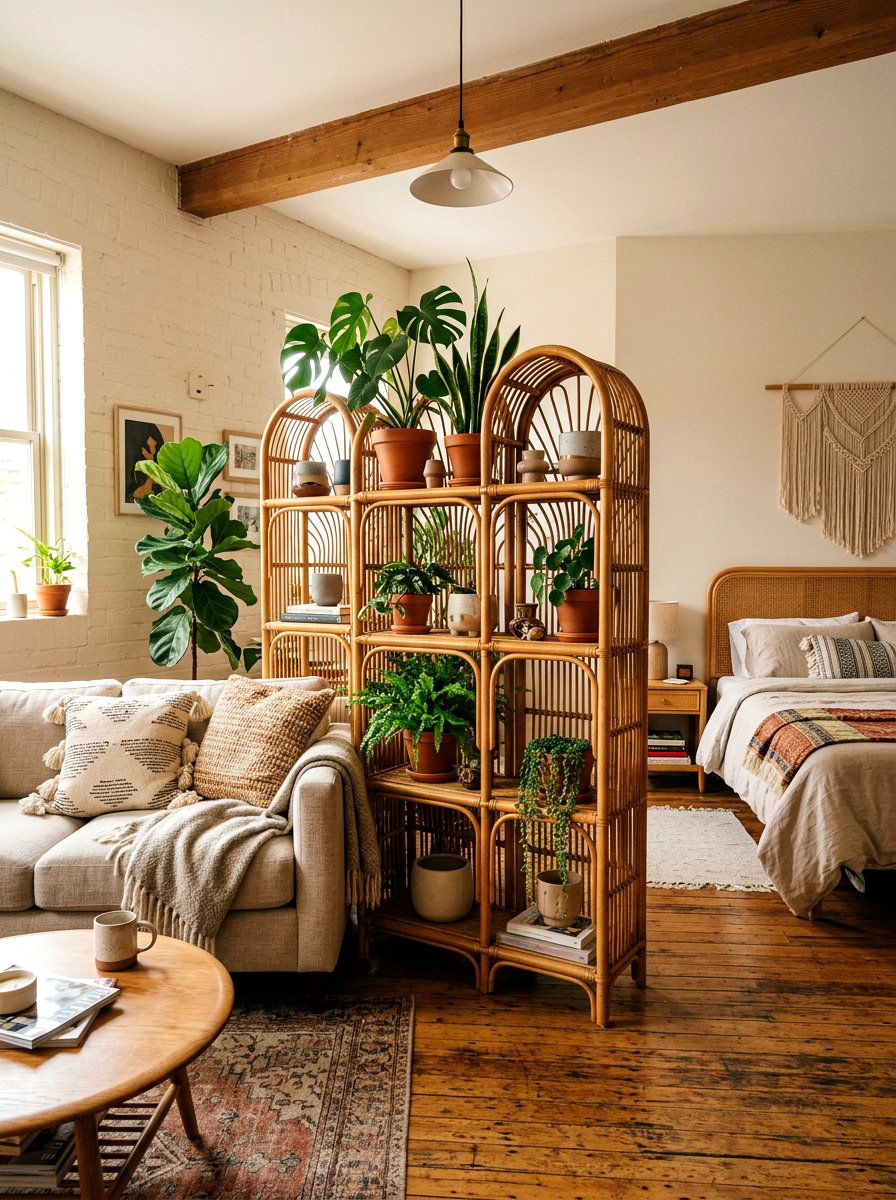 Vintage Rattan Divider - 30 studio apartment divider shelf ideas