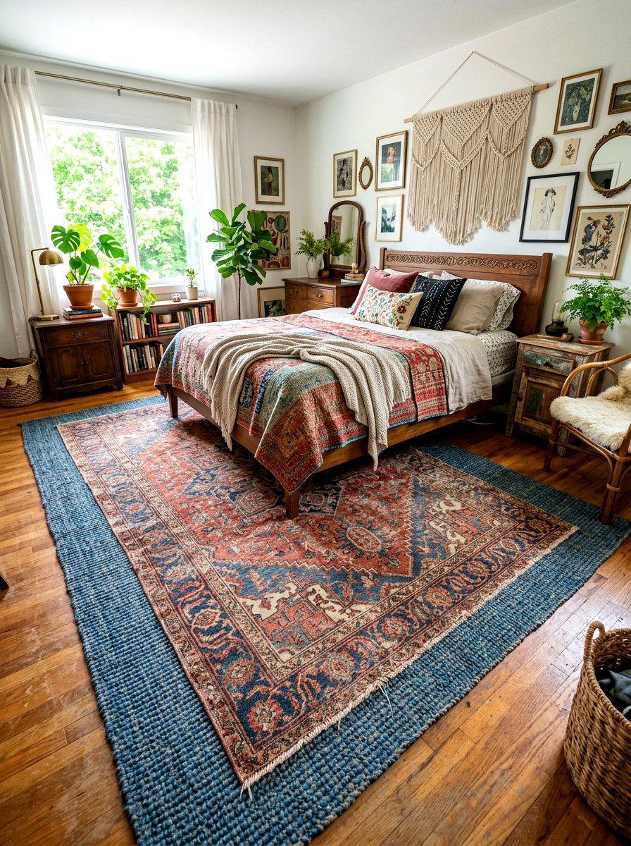 Vintage Rug Layering - 30 dopamine bedroom ideas