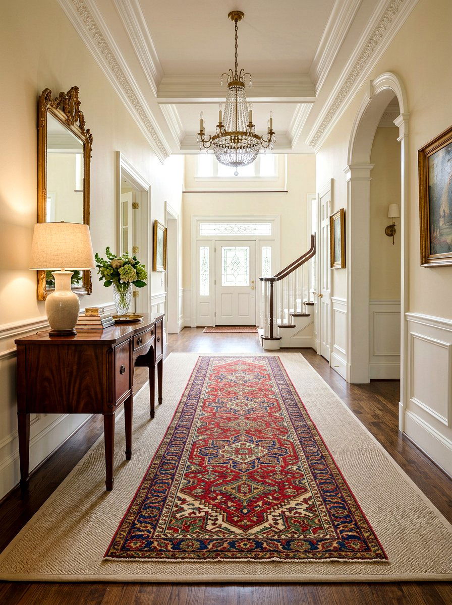 Vintage Runner Over Neutral Base Rug - 30 entrance rug layering ideas