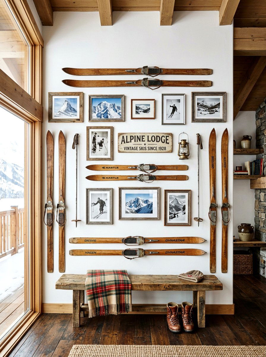 Vintage Ski Wall - 30 ski lodge holiday decor ideas