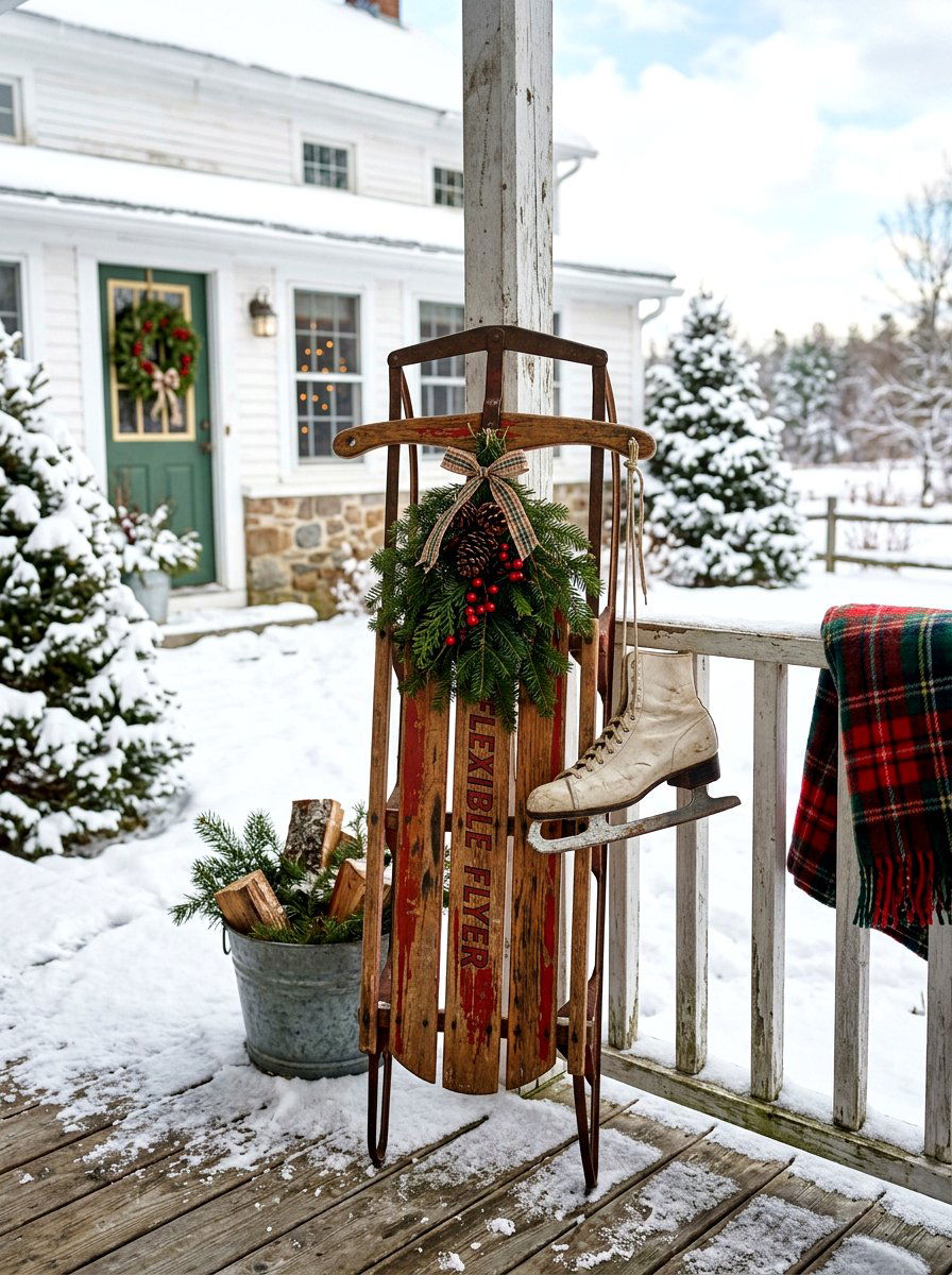 Vintage Sled Display - 30 winter front porch ideas