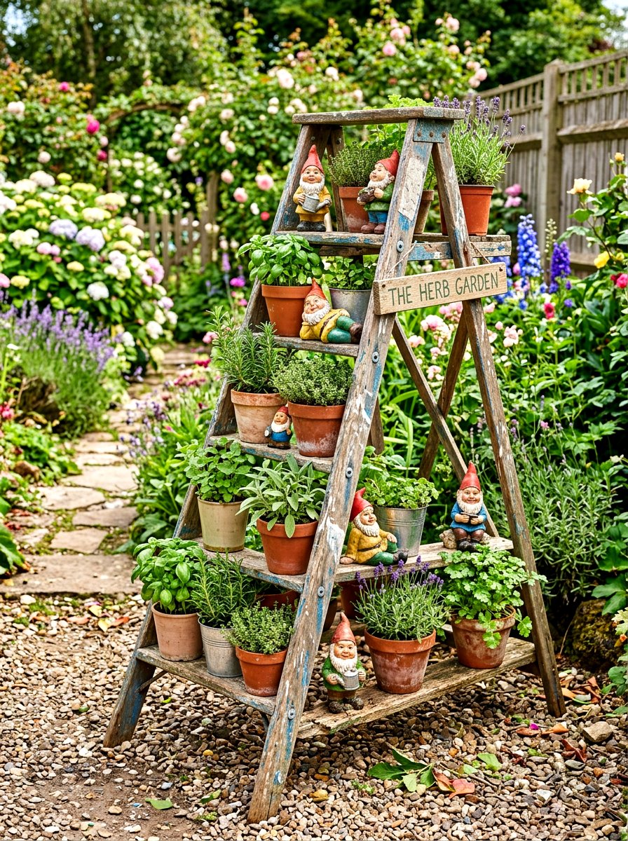 Vintage Step Ladder Plant Display - 30 ladder planter ideas