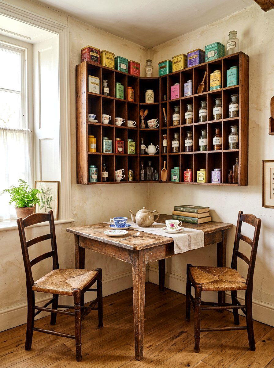Vintage Style Corner Wall Cubbies - 30 breakfast corner shelves ideas