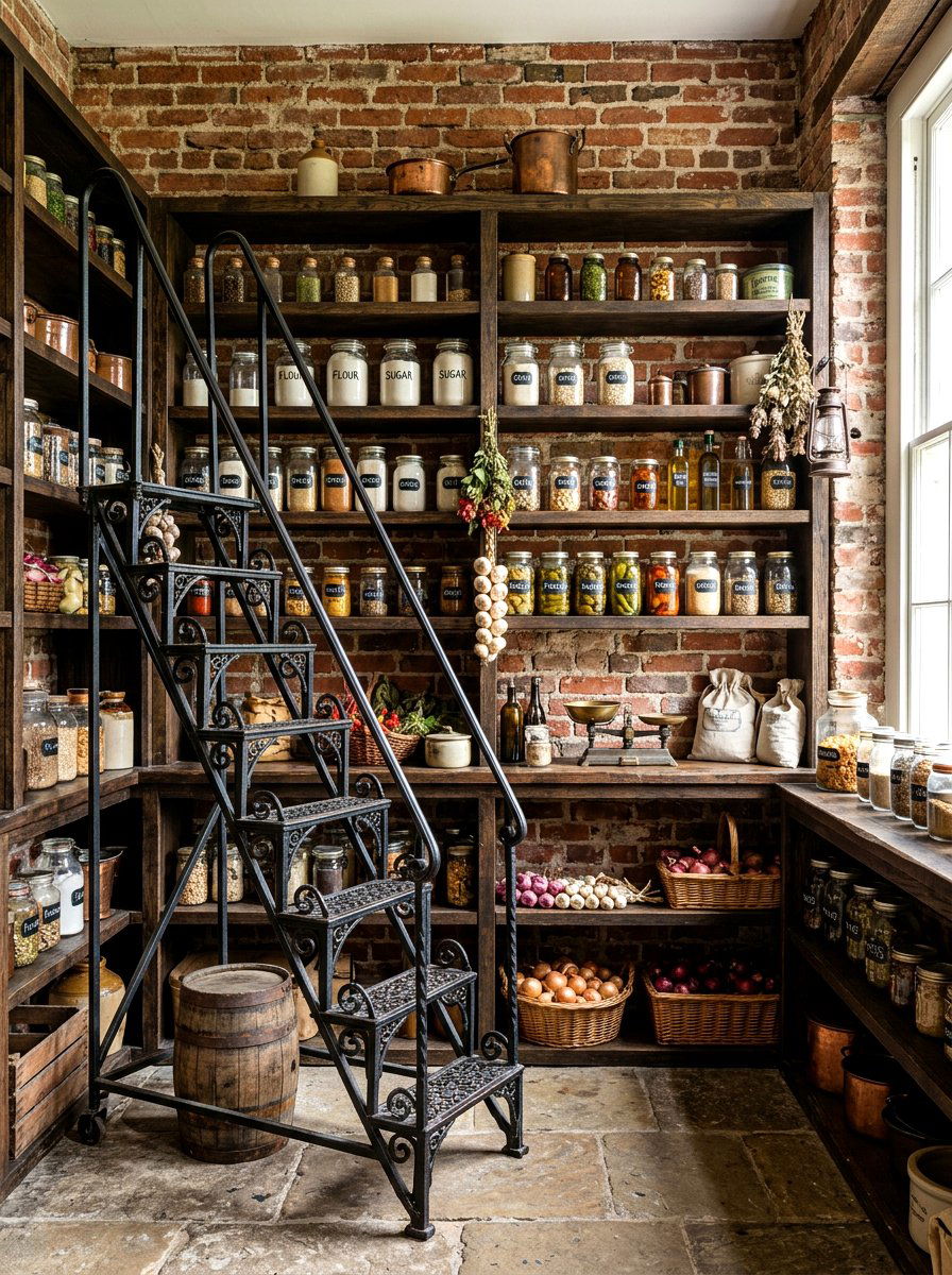 Vintage Style Pantry With Wrought Iron Ladder - 30 pantry with library ladder ideas