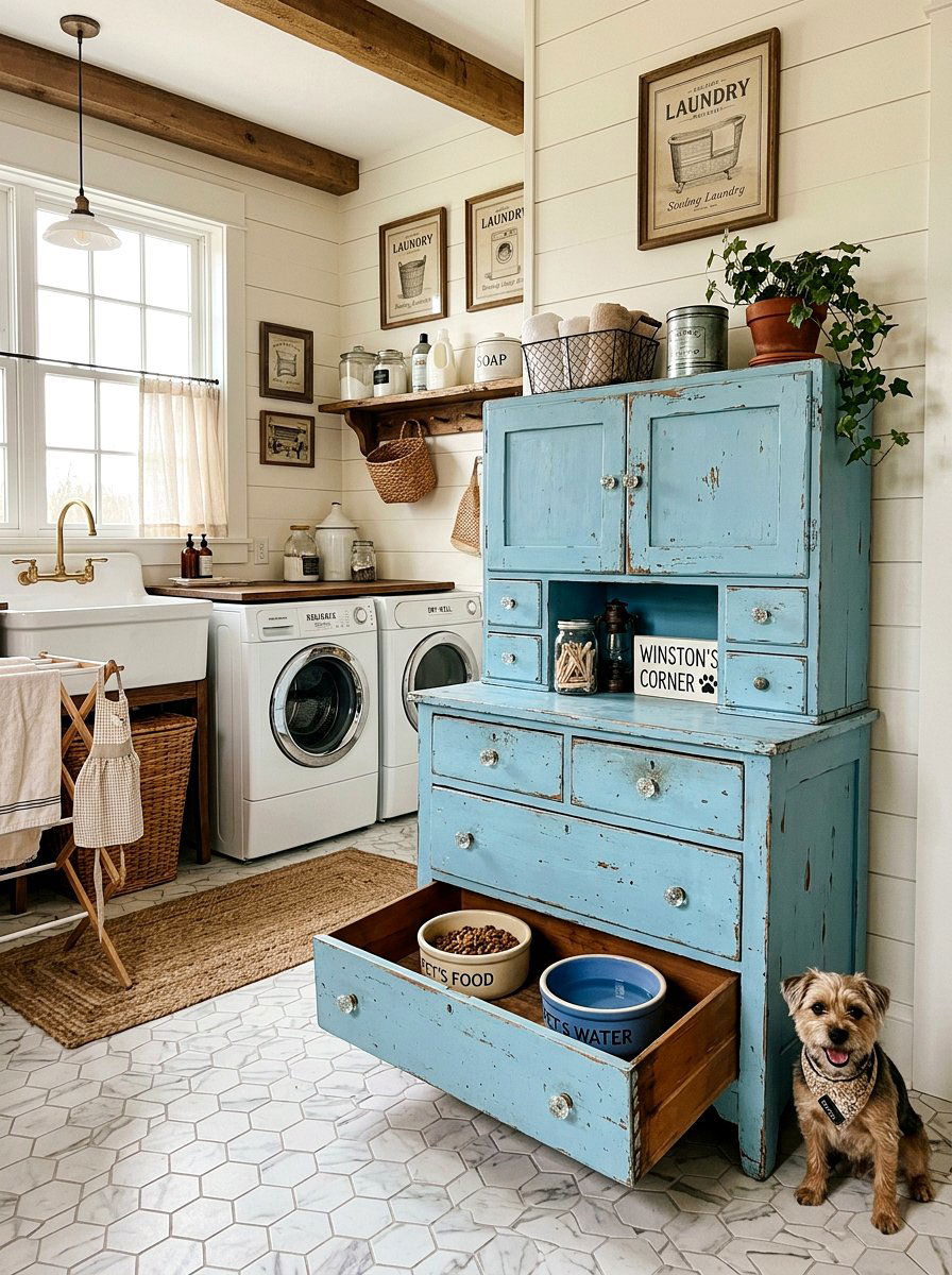 Vintage Style Pet Feeder Cabinet - 30 pet feeding station ideas