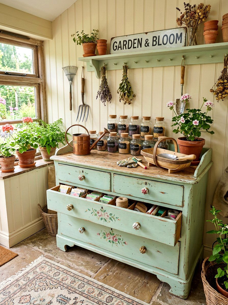 Vintage Style Potting Station - 30 greenhouse storage bench ideas