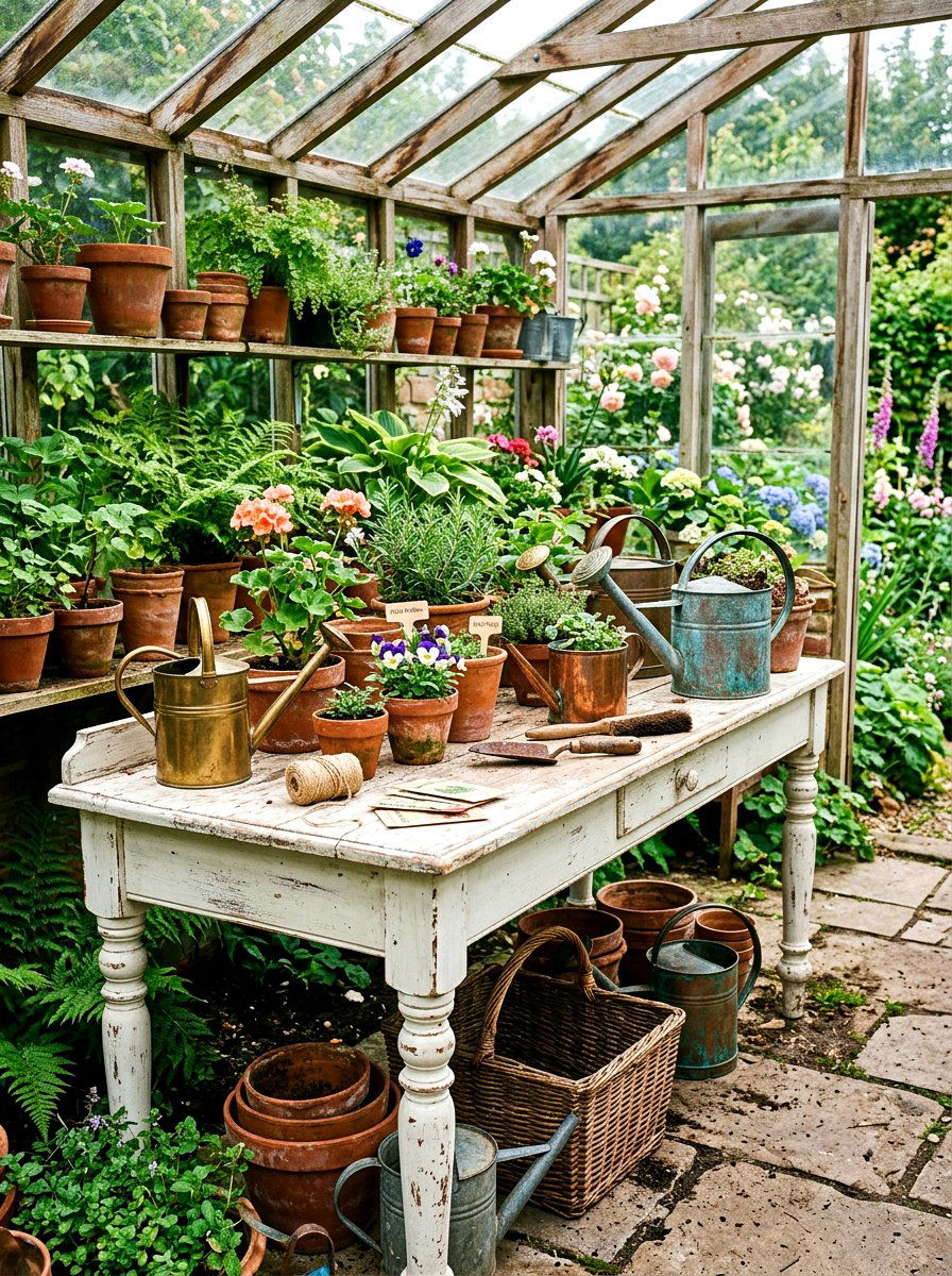 Vintage Style Potting Table - 30 greenhouse potting bench ideas