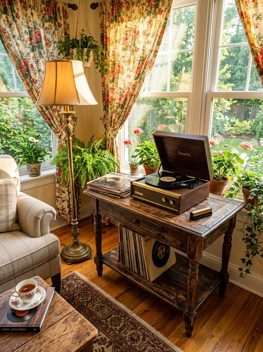 Vintage Style Record Player Table - 30 vinyl listening corner ideas
