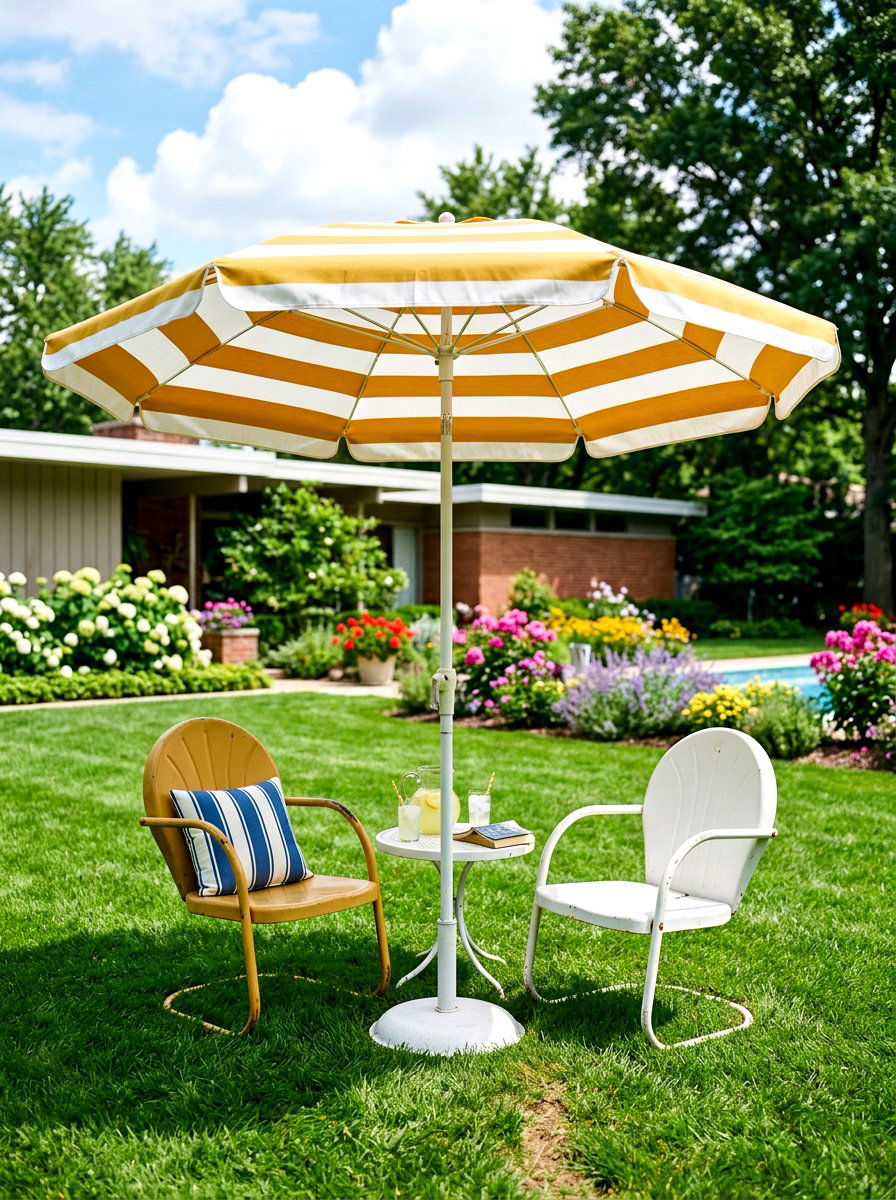Vintage Style Striped Umbrella - 30 striped umbrella patio ideas