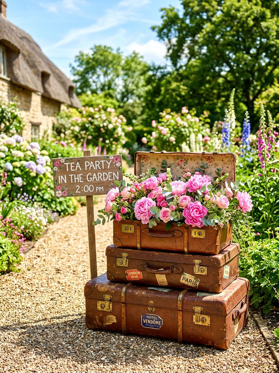 Vintage Suitcase Display - 30 garden tea party decor ideas