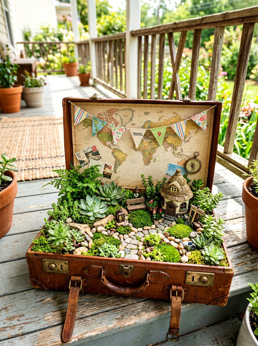 Vintage Suitcase Fairy Garden - 30 miniature fairy garden ideas
