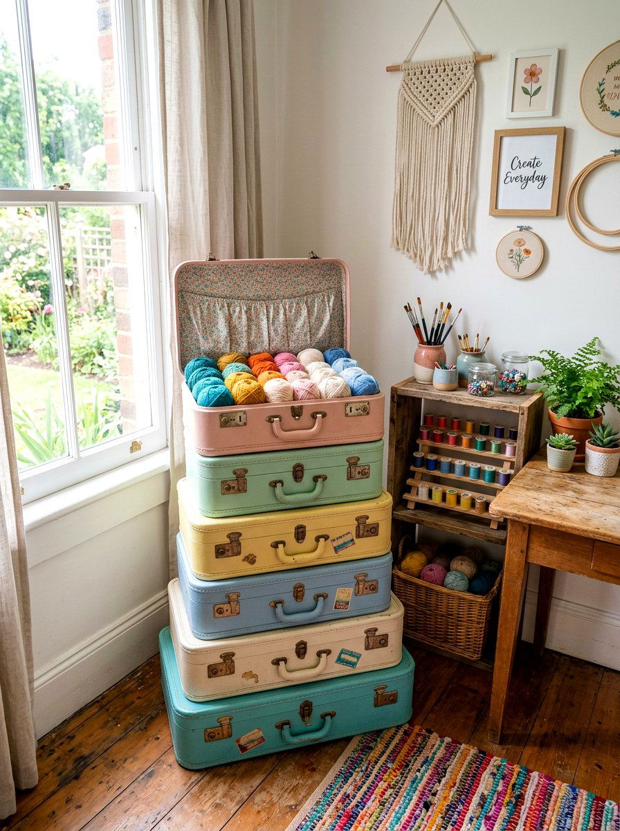 Vintage Suitcase Storage - 30 craft supply storage ideas