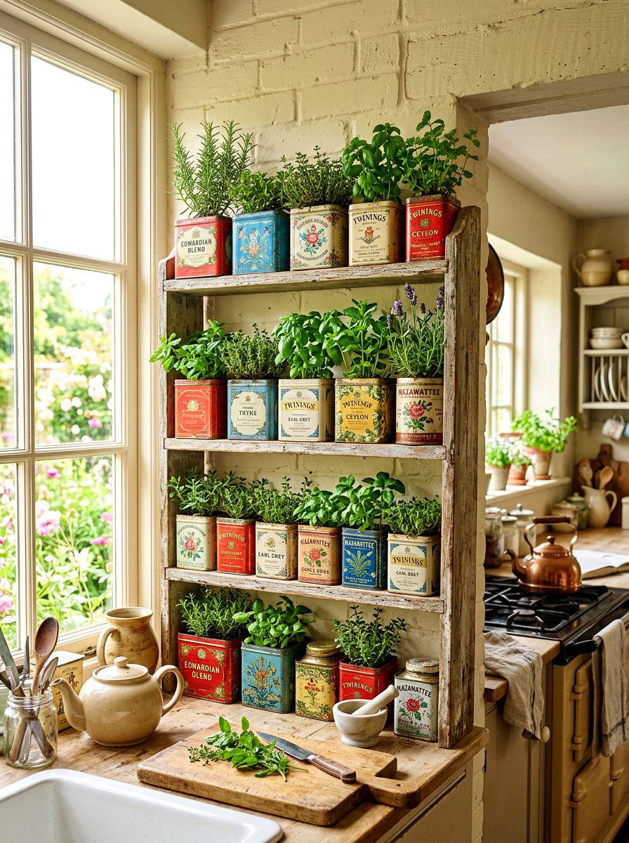 Vintage Tea Tin Garden - 30 indoor herb garden ideas