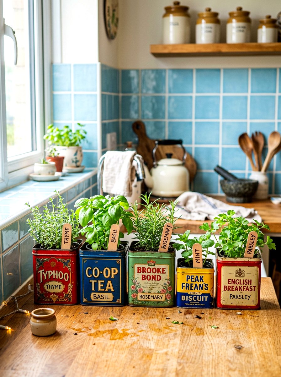 Vintage Tea Tin Herb Garden - 30 container herb garden ideas