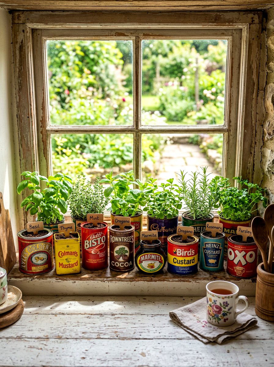 Vintage Tin Can Garden - 30 windowsill planter ideas