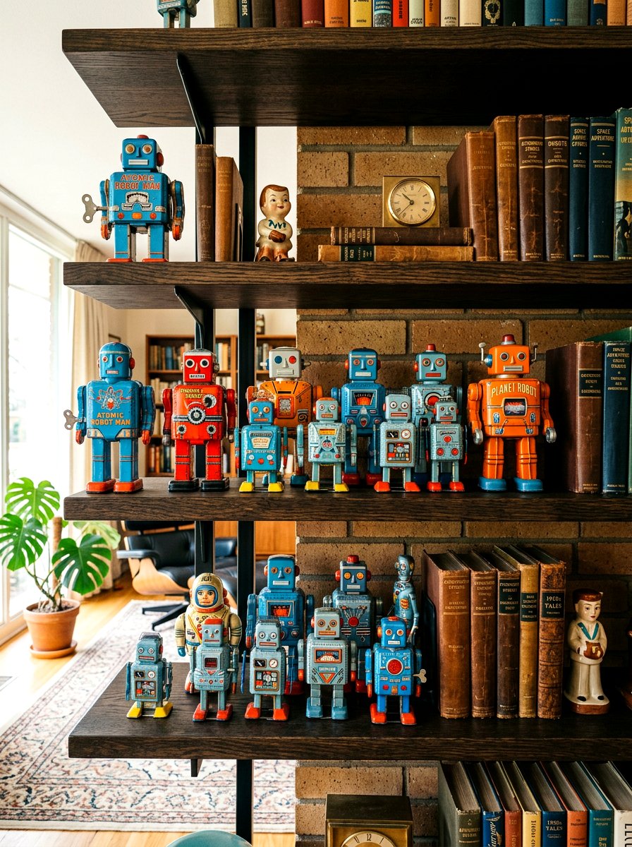 Vintage Tin Robot Shelf Display - 30 vintage toy decor ideas