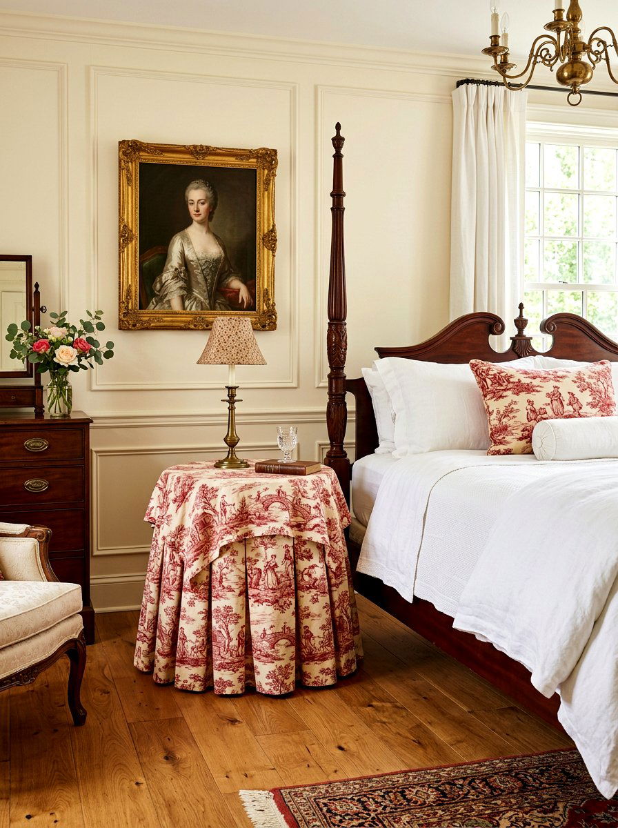 Vintage Toile Skirted Nightstand - 30 skirted nightstand ideas