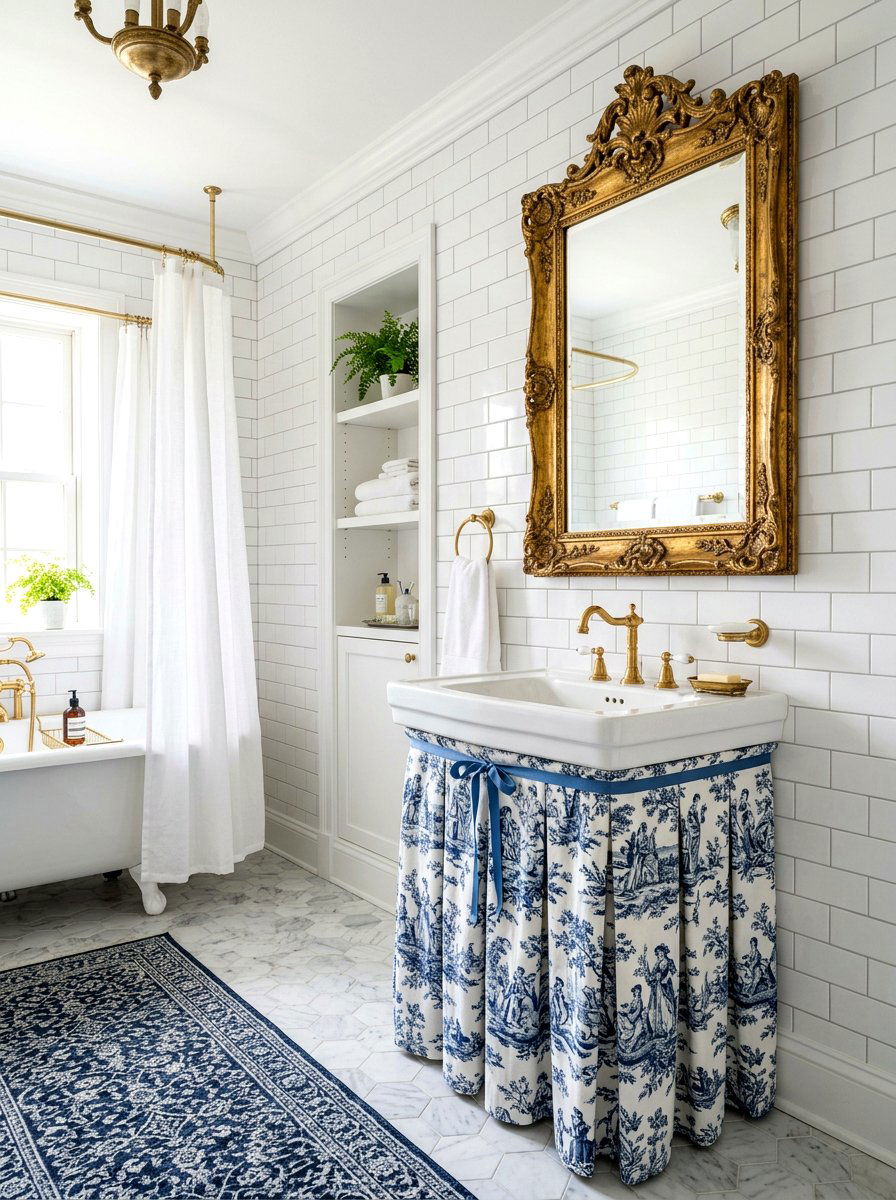 Vintage Toile Vanity Fabric - 30 skirted vanity ideas