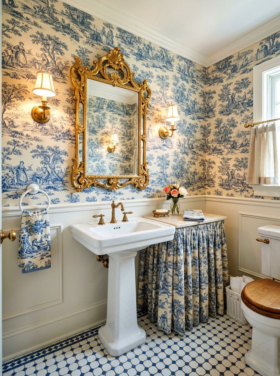 Vintage Toile Wallpaper - 30 wallpapered powder room ideas