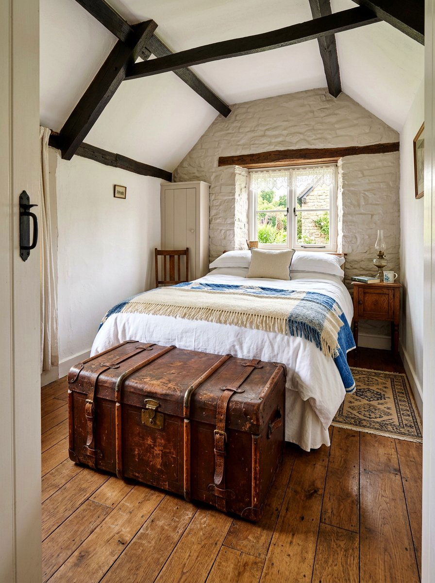 Vintage Trunk Footboard - 30 tiny cottage bedroom ideas