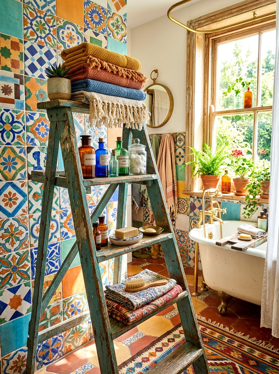 Vintage Upcycled Step Ladder - 30 towel ladder ideas