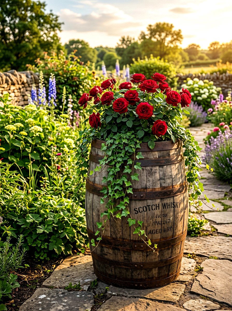Vintage Whiskey Barrel Planter - 30 porch rose planter ideas