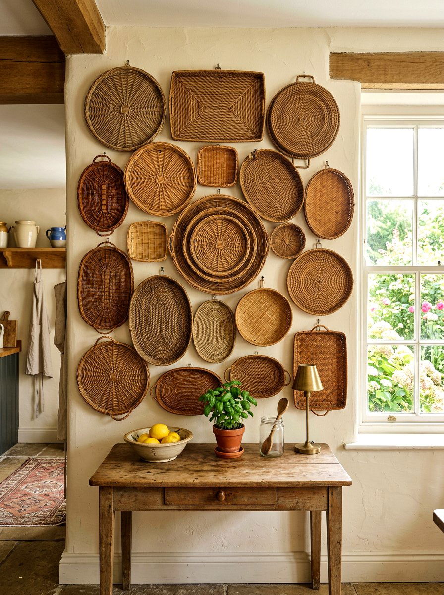 Vintage Wicker Tray Wall - 30 woven tray decor ideas