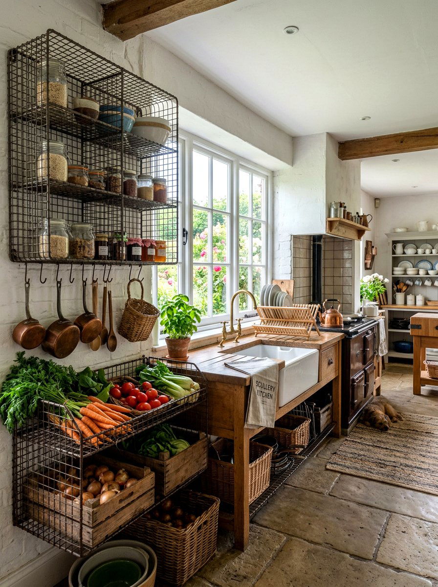 Vintage Wire Shelves - 30 English country kitchen shelf ideas