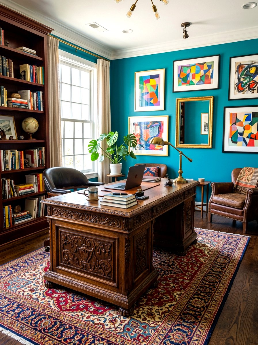 Vintage Wood Desk - 30 maximalist office ideas