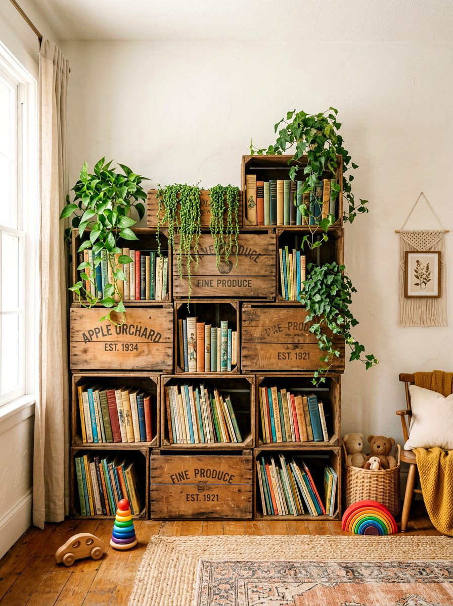 Vintage Wooden Crate Storage - 30 playroom bookshelf ideas