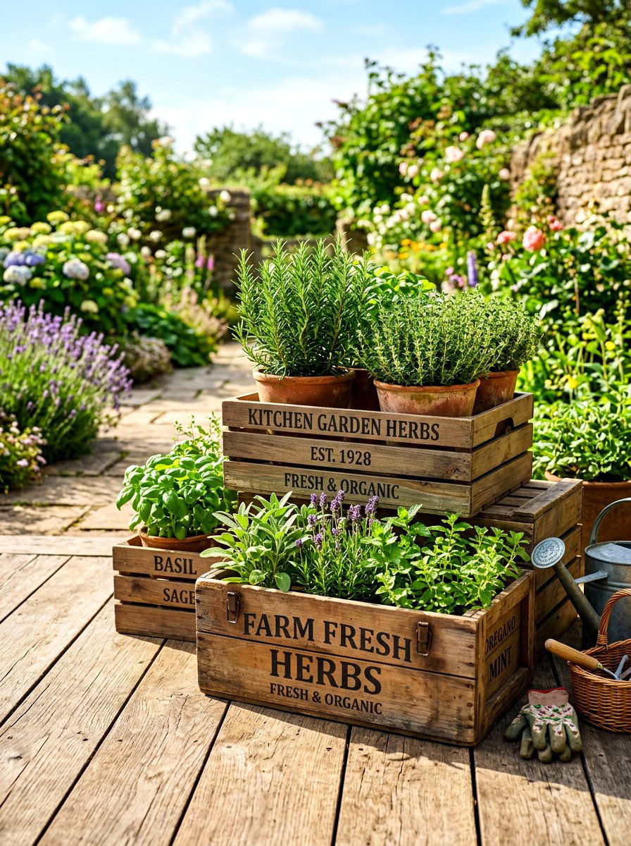 Vintage Wooden Crate - 30 rustic container garden ideas