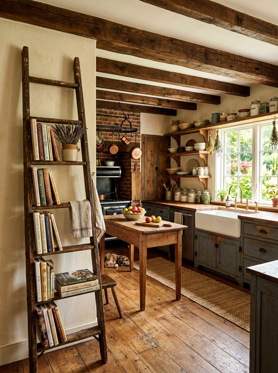 Vintage Wooden Ladder - 30 cookbook kitchen shelf ideas