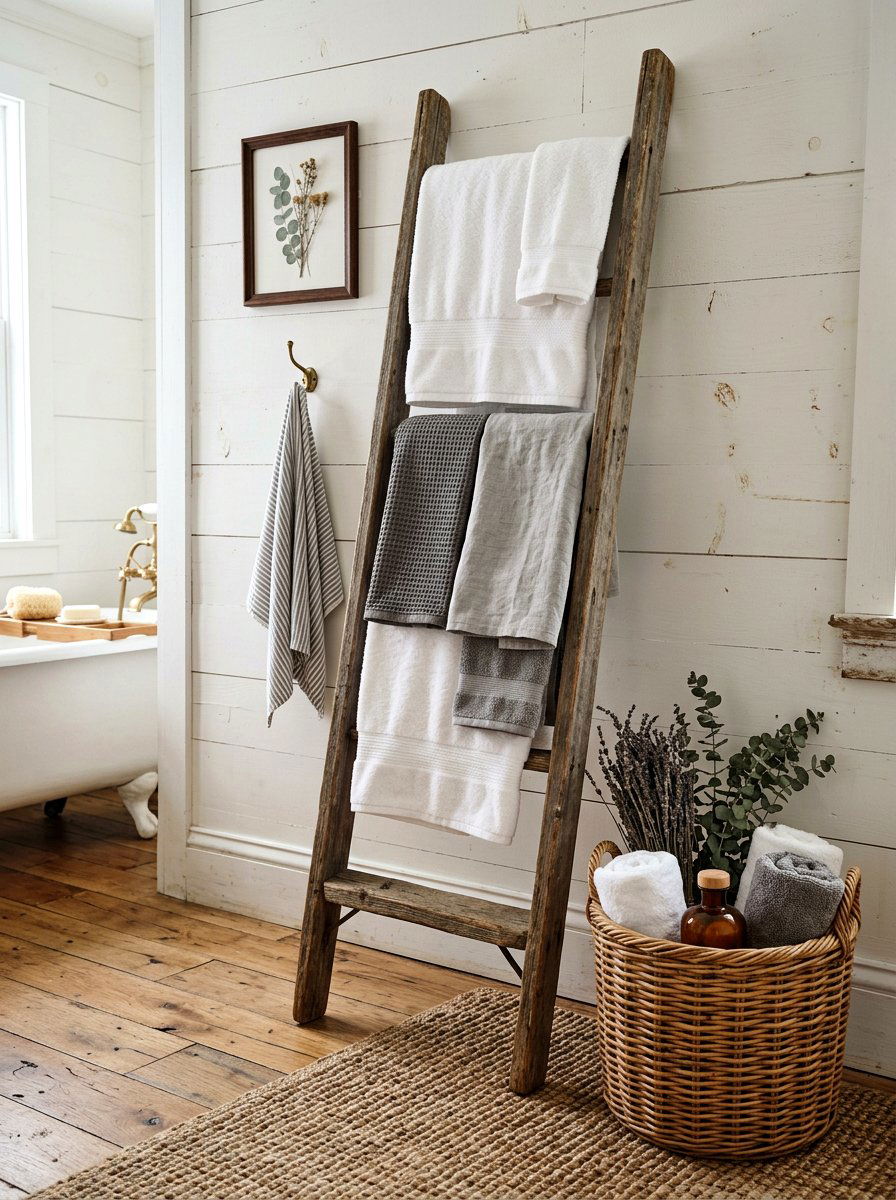 Vintage Wooden Ladder Towel Rack - 30 eco bathroom ideas