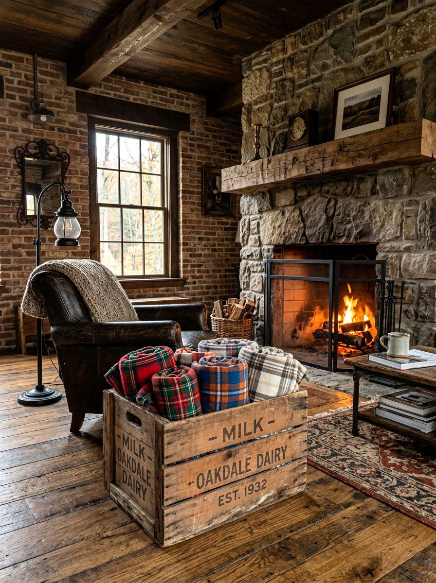 Vintage Wooden Milk Crate - 30 living room blanket basket ideas