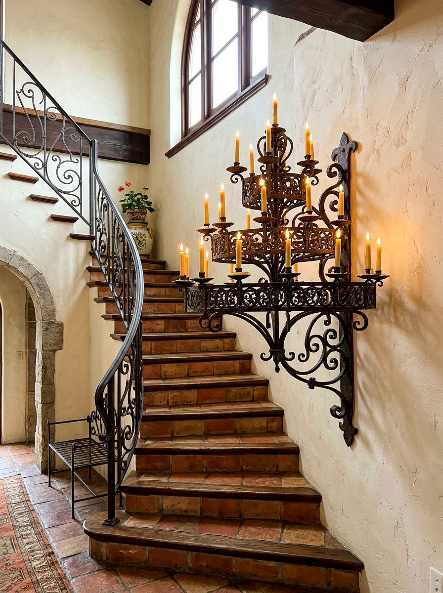 Vintage Wrought Iron Candelabra - 30 stairway chandelier ideas