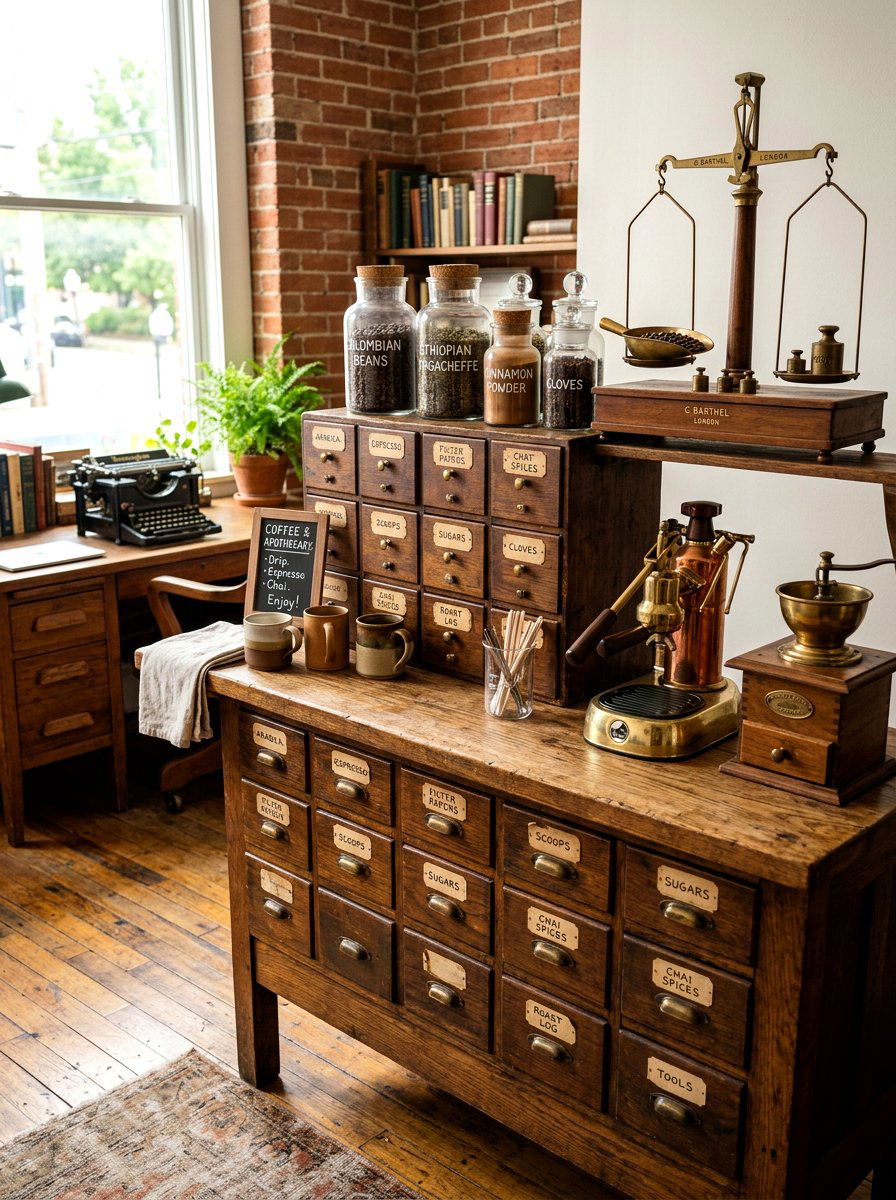 Vintage apothecary coffee station - 30 office coffee corner ideas