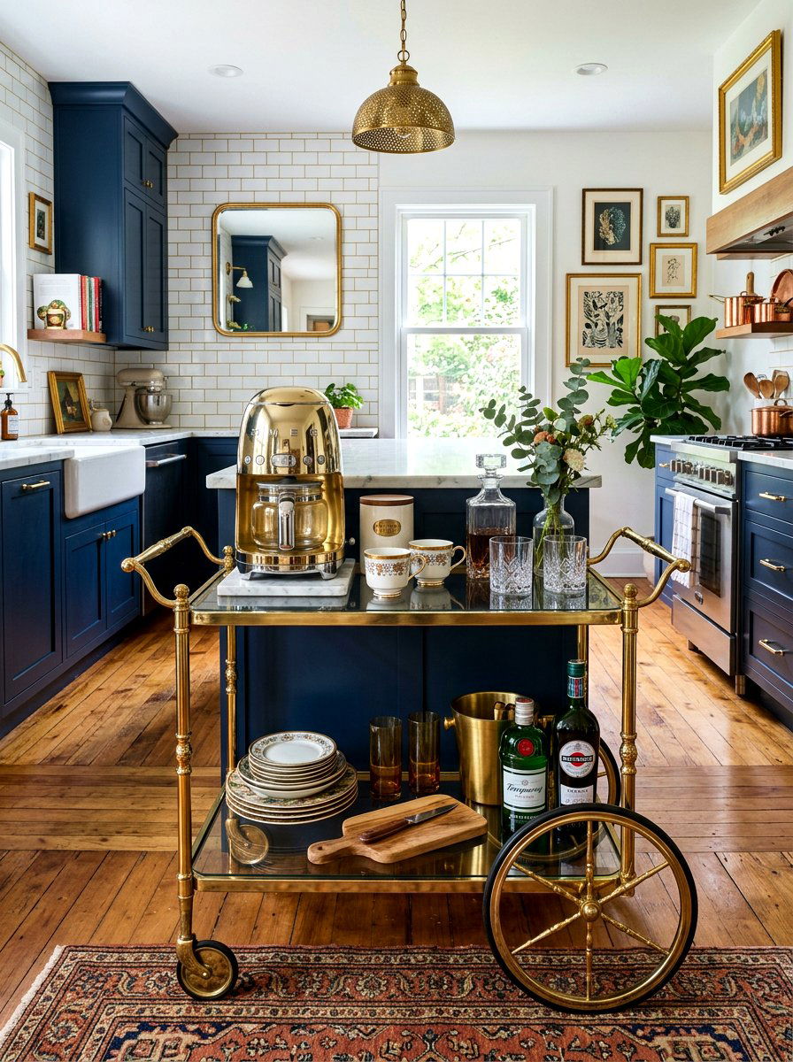 Vintage bar cart used as kitchen island - 30 movable kitchen island ideas