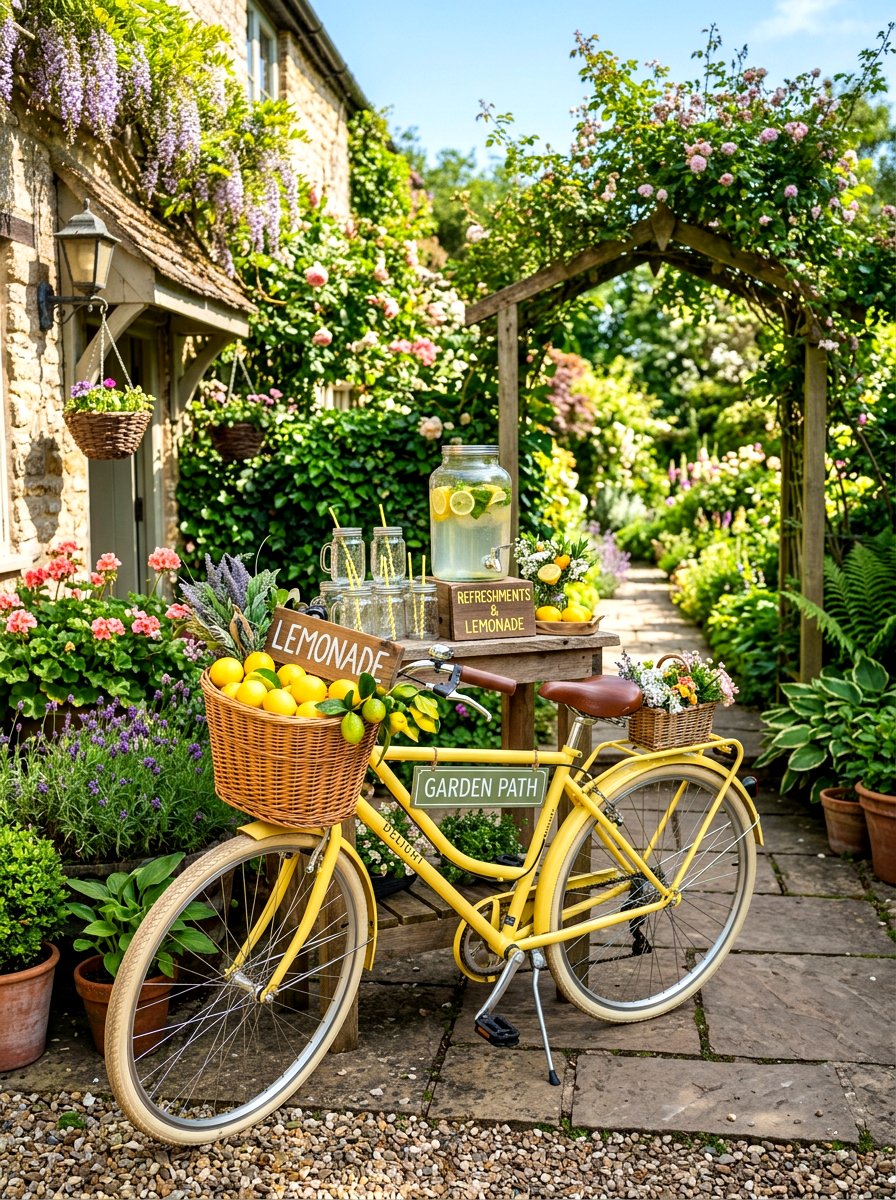 Vintage bicycle flower and drink display - 30 lemonade patio party ideas