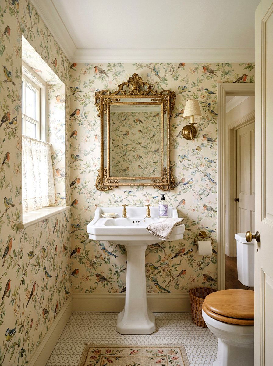 Vintage bird wallpaper - 30 jewel box powder room wallpaper ideas