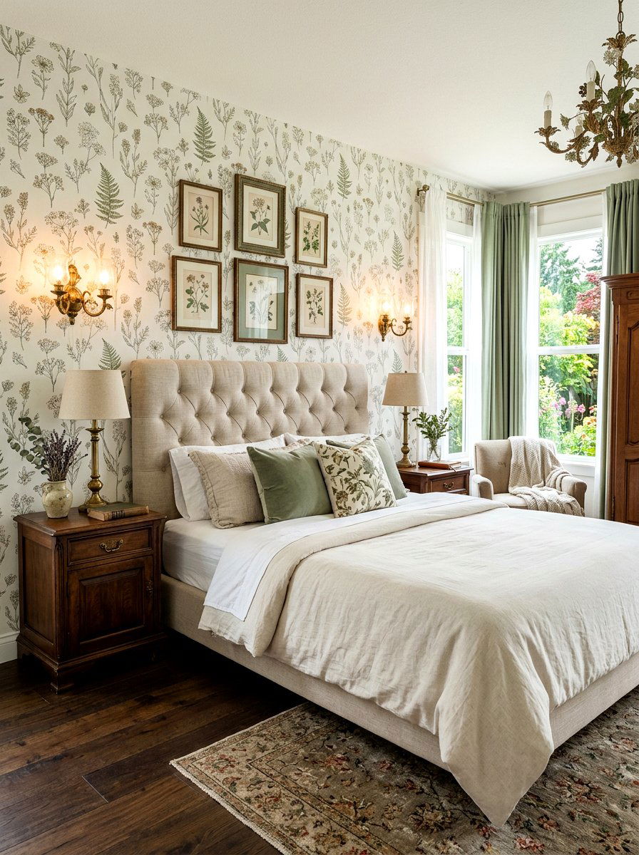 Vintage botanical bedroom - 30 garden print wallpaper ideas