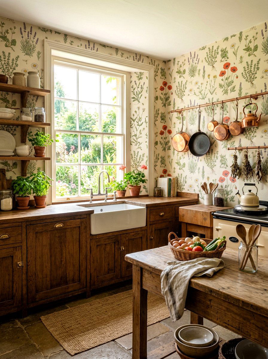 Vintage botanical kitchen wallpaper - 30 floral kitchen wallpaper ideas