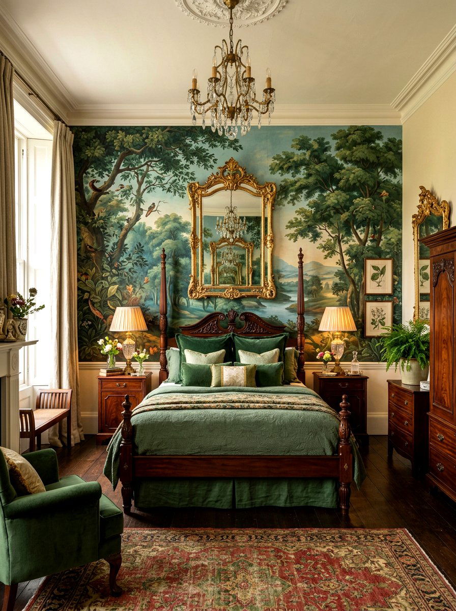Vintage botanical landscape mural - 30 landscape mural bedroom ideas