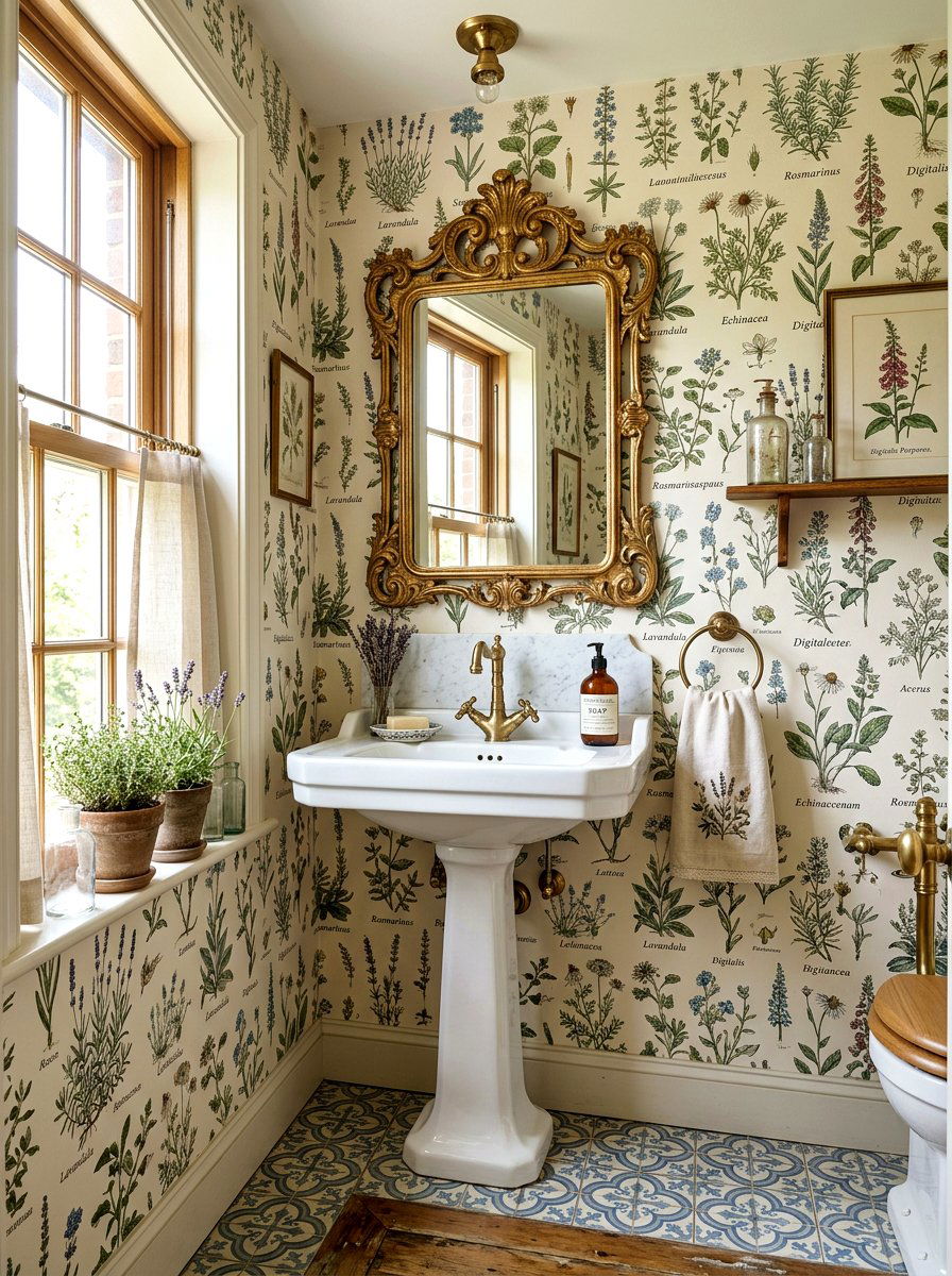 Vintage botanical wallpaper - 30 floral wallpaper powder room ideas
