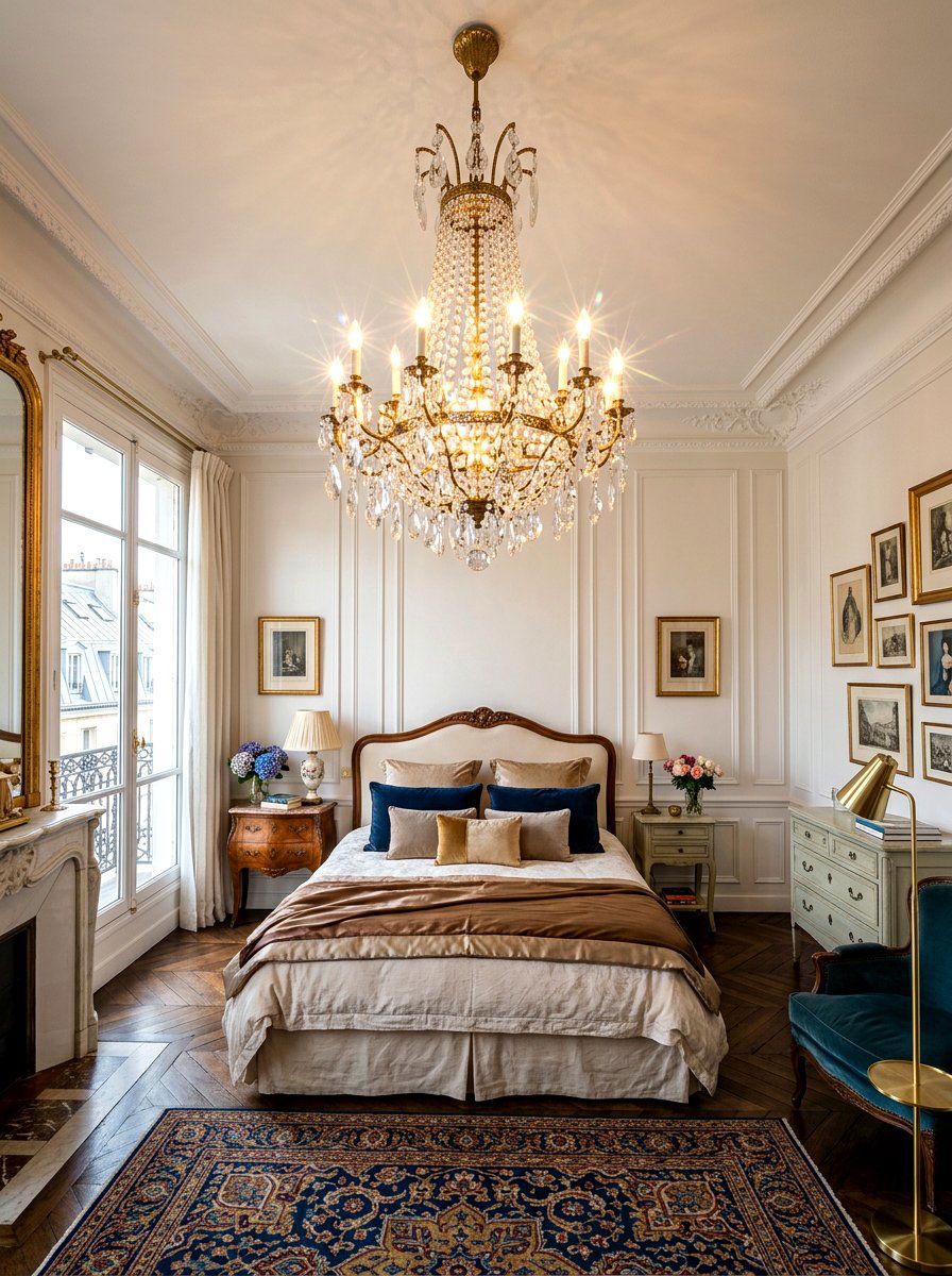 Vintage chandelier bedroom - 30 Paris apartment bedroom ideas