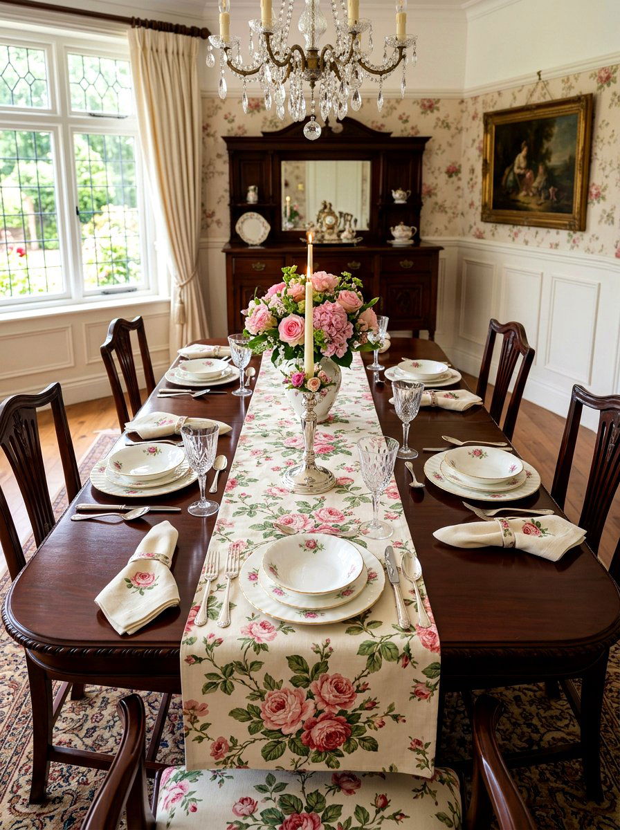 Vintage chintz rose table runner - 30 floral table runner ideas